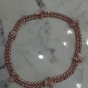 Iced out butterfly cuban chain necklace Rosegold